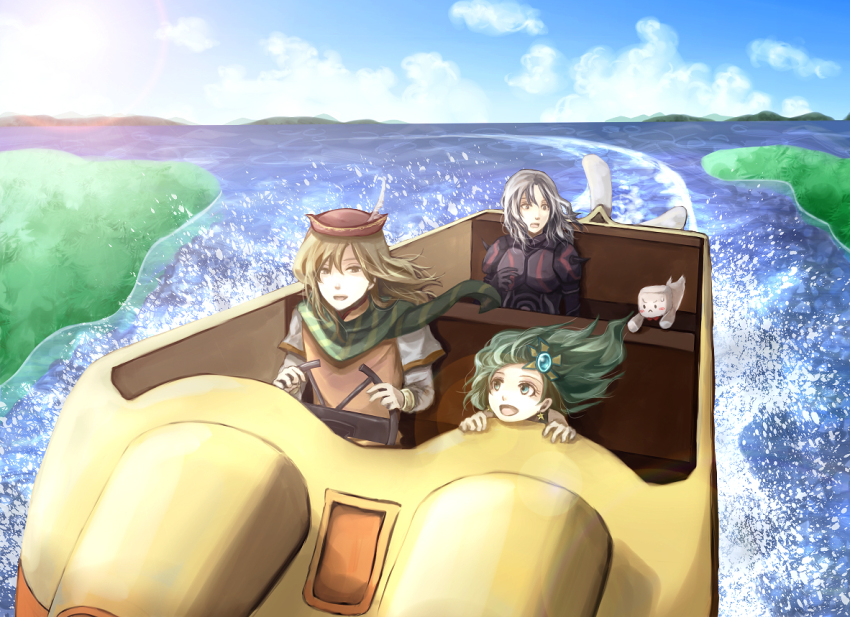 1990s_(style) 1girl 2boys blonde_hair cecil_harvey cloud day final_fantasy final_fantasy_iv edward_chris_von_muir green_eyes green_hair hda hovercraft multiple_boys rydia_(ff4) water watercraft white_hair whyt