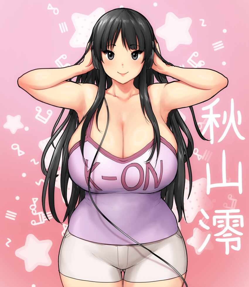 1girl absurdres akiyama_mio alternate_body_size alternate_breast_size bad_anatomy beamed_sixteenth_notes black_hair breasts cleavage clothes_writing cowboy_shot derivative_work eighth_note erkaz grey_hair hands_on_headphones headphones highres huge_breasts k-on! long_hair looking_at_viewer musical_note pink_background pink_tank_top short_shorts shorts smile solo star_(symbol) tank_top thick_thighs thighs wide_hips