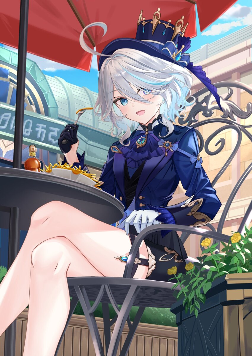 1girl :d ahoge ascot asymmetrical_gloves black_gloves black_shorts blue_ascot blue_eyes blue_gemstone blue_hair blue_hat blue_jacket blush chair commentary crossed_legs day drop-shaped_pupils eyelash_ornament eyelashes feet_out_of_frame food fork french_fries furina_(genshin_impact) gem genshin_impact gloves grey_hair hair_between_eyes hair_intakes half_gloves hand_up hat heterochromia highres holding holding_fork huge_ahoge jacket long_sleeves looking_at_viewer medium_hair mismatched_gloves mismatched_pupils multicolored_hair on_chair open_mouth outdoors shorts sitting smile solo streaked_hair symbol-shaped_pupils tenki_nori top_hat tsurime two-tone_hair wavy_hair white_gloves
