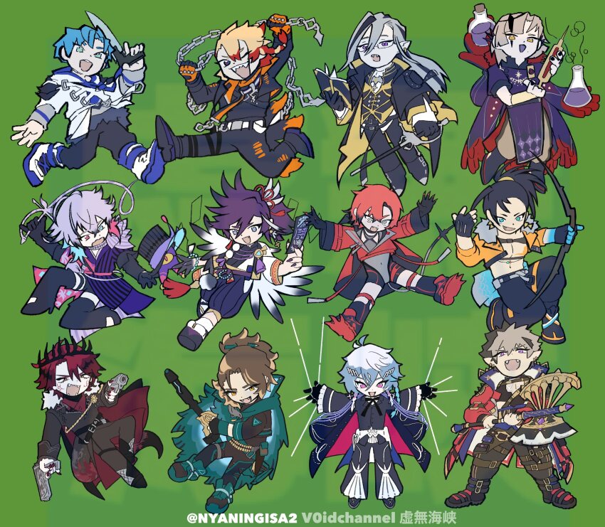 6+boys absurdres axe axel_syrios_(1st_costume) banzoin_hakka banzoin_hakka_(1st_costume) battle_axe black_gloves black_hair black_jacket black_nails black_pants blonde_hair blue_eyes blue_hair book bow_(weapon) braid brown_hair cape chain chibi coat collar crimzon_ruze crown earrings fangs feather_earrings feather_hair_ornament feathers fingernails frilled_sleeves frills fur-trimmed_jacket fur_trim gavis_bettel gavis_bettel_(1st_costume) glasses gloves goldbullet green_background green_cape green_eyes grey_hair gun hair_ornament hairpin hakama heterochromia highres holding holding_axe holostars holostars_english hood hoodie jacket japanese_clothes jewelry josuiji_shinri jurard_t_rexford layered_sleeves long_sleeves looking_at_viewer machina_x_flayon machina_x_flayon_(1st_costume) magni_dezmond male_focus mechanical_tail mole mole_under_mouth multicolored_coat multicolored_hair multiple_boys multiple_braids noir_vesper noir_vesper_(old_design) nyaningisa octavio open_mouth orange_collar pants phantom_(gavis_bettel) pink_eyes pink_hair pointy_ears ponytail purple_cape purple_eyes purple_hair purple_hakama purple_tunic red_eyes red_hair red_jacket regis_altare scarf sharp_fingernails short_over_long_sleeves short_sleeves smile spiked_ear_piercing streaked_hair string_around_finger tail tassel tassel_earrings tri_braids tunic twitter_username virtual_youtuber weapon whip white_hair white_hoodie white_scarf yellow_eyes