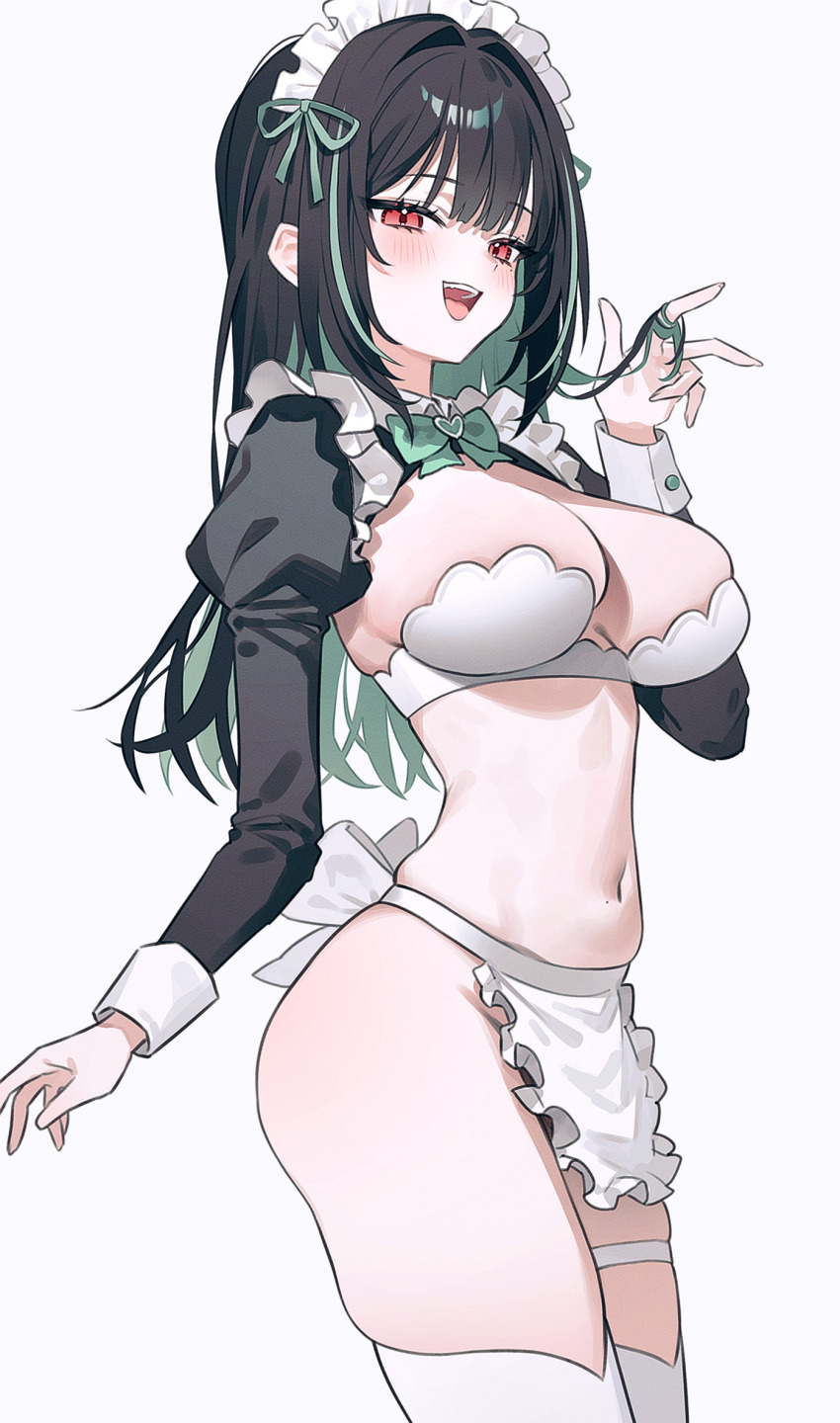 1girl apron bikini bikini_top_only black_hair black_shrug bow bowtie breasts cleavage commentary_request commission cowboy_shot fymrie green_hair hand_up highres juliet_sleeves korean_commentary long_hair long_sleeves looking_at_viewer maid maid_apron maid_bikini maid_headdress medium_breasts mole mole_above_eye mole_on_stomach mole_under_eye multicolored_hair navel no_panties open_mouth original puffy_sleeves red_eyes second-party_source shrug_(clothing) simple_background skindentation smile solo stomach streaked_hair swimsuit thigh_strap thighhighs thighs twirling_hair two-tone_hair unconventional_maid waist_apron white_background white_bikini white_thighhighs wing_collar