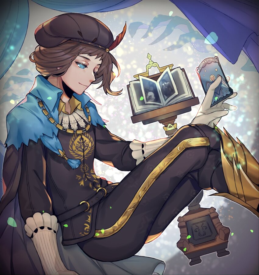 1boy ;) belt beret between_fingers black_belt black_cape black_hat black_jacket black_pants blue_capelet blue_eyes book book_stand boots brown_hair cape capelet card collared_capelet collared_shirt crossed_legs curtains european_clothes feet_out_of_frame gloves hat hat_feather highres holding holding_card identity_v jacket jewelry joseph_desaulniers joseph_desaulniers_(faust) layered_clothes looking_at_viewer male_focus necklace official_alternate_costume one_eye_closed open_book pants sansai_toritori shirt short_hair smile solid_eyes solo white_gloves yellow_boots yellow_shirt