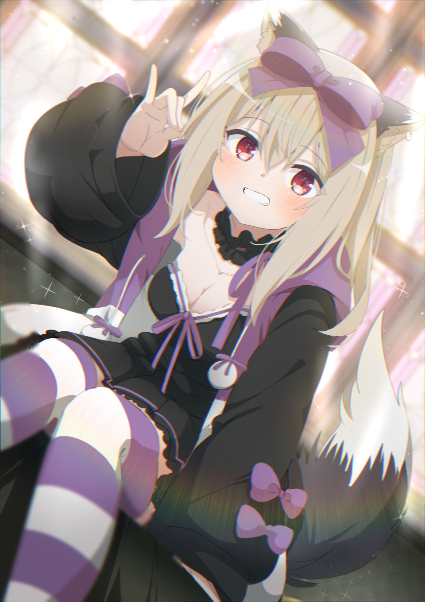 1girl absurdres animal_ear_fluff animal_ears black_dress black_jacket blonde_hair blurry blush bow breasts chromatic_aberration cleavage collarbone commission depth_of_field drawstring dress fox_ears fox_girl fox_shadow_puppet fox_tail grin hair_between_eyes hair_bow highres hood hood_down hooded_jacket indoors jacket long_hair long_sleeves looking_at_viewer medium_breasts open_clothes open_jacket original puffy_long_sleeves puffy_sleeves purple_bow purple_thighhighs red_eyes shiro9jira short_dress sitting skeb_commission smile solo striped_clothes striped_thighhighs tail thighhighs window