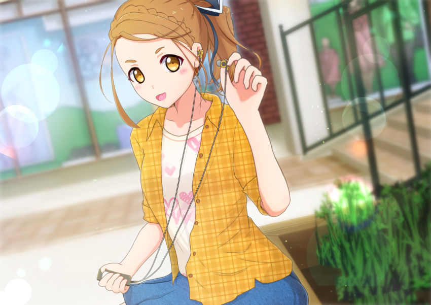 1girl 22/7 :d black_bow blue_skirt blurry blush bow braid brown_eyes brown_hair collarbone collared_jacket cowboy_shot depth_of_field digital_media_player dutch_angle earphones furoggu-gaburi hair_bow high_ponytail holding_digital_media_player jacket kono_miyako lens_flare light_particles looking_at_viewer open_clothes open_jacket open_mouth orange_jacket outdoors ponytail road shirt single_braid skirt smile solo street white_shirt