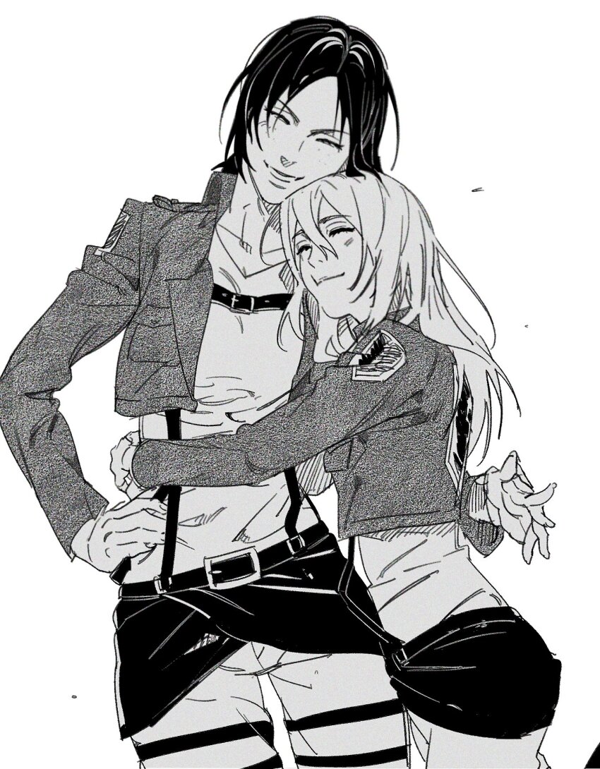 2girls arm_around_back arms_around_waist black_hair breasts closed_eyes closed_mouth cow cropped_jacket freckles hair_between_eyes hand_on_own_hip highres hug jacket krista_lenz light_blush long_hair medium_breasts military_jacket multiple_girls otakubblack pants parted_bangs parted_lips shingeki_no_kyojin shirt smile survey_corps_(emblem) suspenders thigh_strap white_background white_pants white_shirt ymir_(shingeki_no_kyojin) yuri