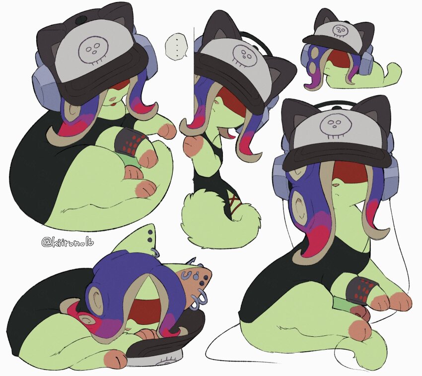 baseball_cap cat dedf1sh hat headphones headphones_over_headwear highres kiirono multicolored_hair multiple_piercings nintendo octoling sanitized_(splatoon) splatoon_(series) splatoon_3 sunglasses tentacle_hair two-tone_hair