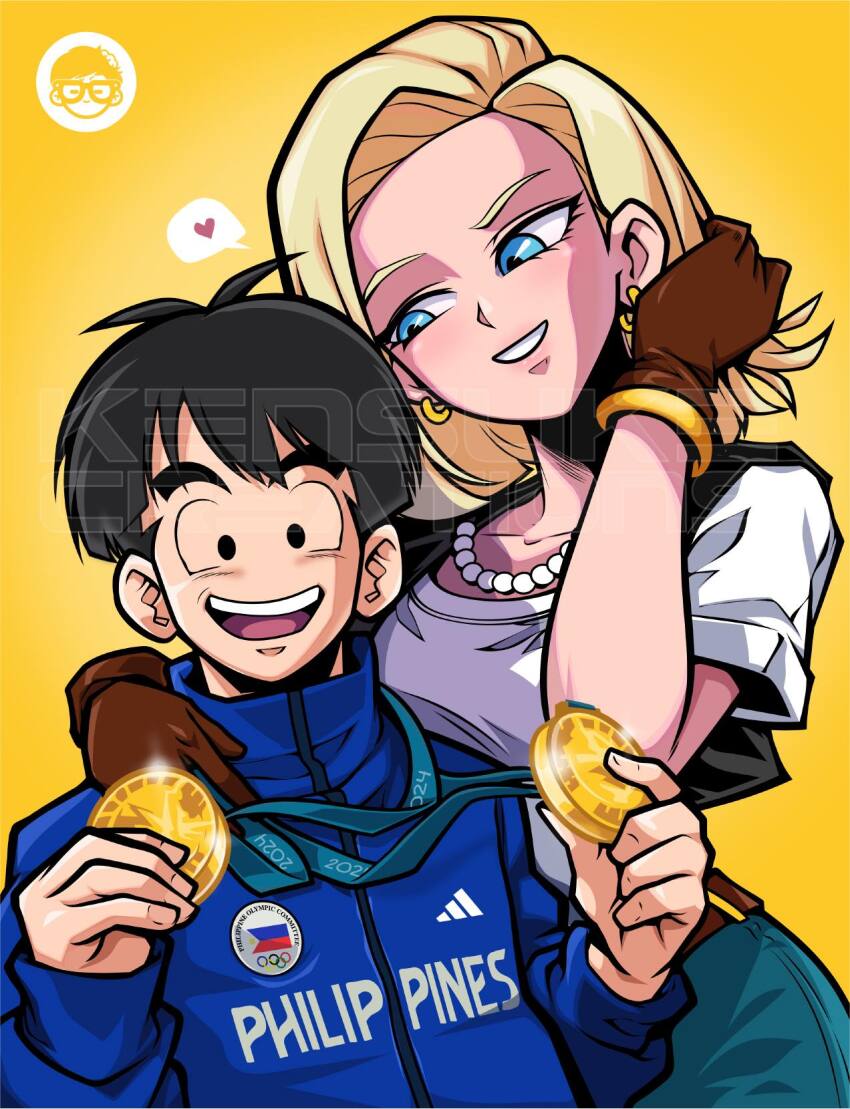1boy 1girl 2024_summer_olympics adidas android_18 artist_logo artist_name blonde_hair blue_eyes blue_jacket dragon_ball dragonball_z gloves gold_medal highres holding_medal jacket kensuke_creations kuririn logo medal olympic_rings olympics philippine_flag philippines short_hair watermark yellow_background
