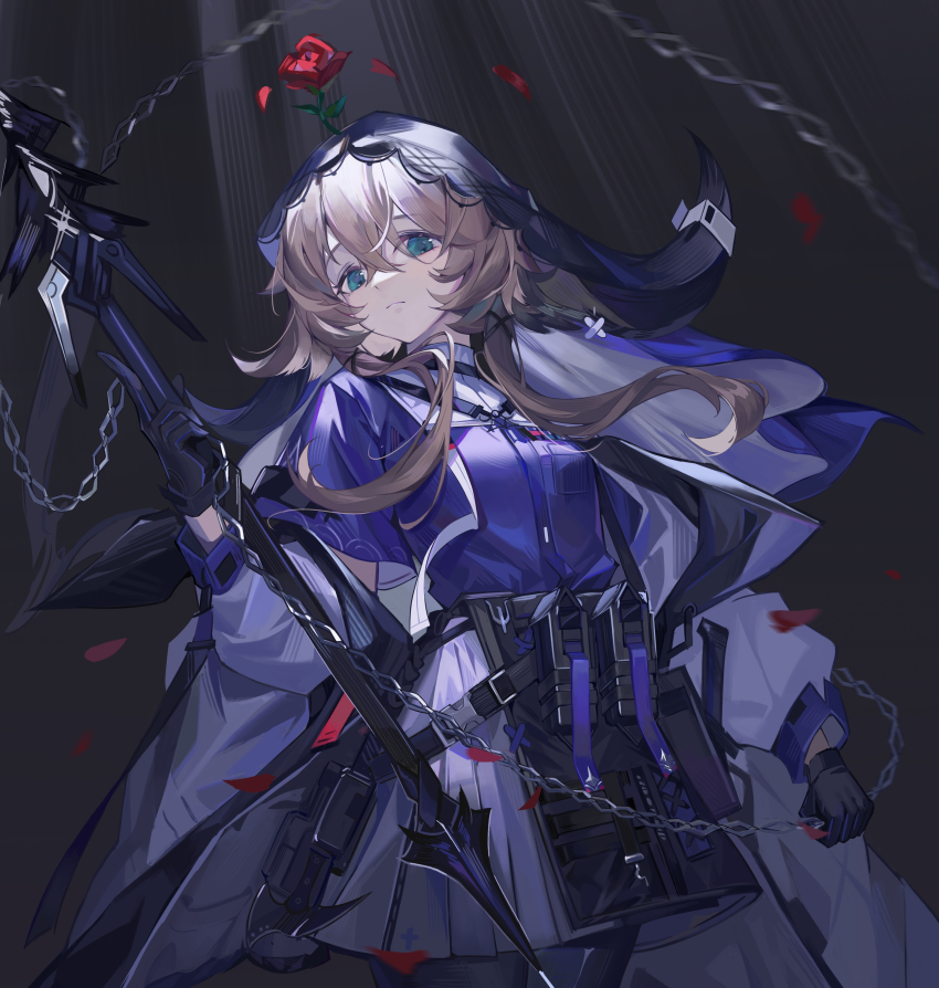 1girl absurdres animal_ears arknights black_background black_gloves black_pantyhose blue_eyes blue_shirt brown_hair chain closed_mouth coat cow_ears cow_girl cow_horns cowboy_shot flail flower gloves high-waist_skirt highres holding holding_weapon horns lianzhanggui long_sleeves looking_at_viewer off_shoulder open_clothes open_coat pallas_(arknights) pantyhose petals pleated_skirt pouch red_flower red_rose rose shirt short_hair_with_long_locks sidelocks simple_background skirt solo veil weapon white_coat white_skirt
