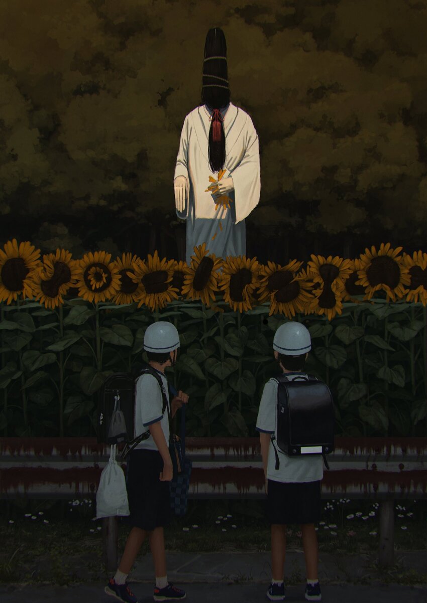 1other 2boys backpack bag beckoning black_hair black_pants child commentary faceless fence flower forest ghost gym_shirt gym_uniform hat highres holding holding_bag horror_(theme) long_face long_fingers looking_at_another multiple_boys nature noinh original outdoors pants plucking_petals randoseru realistic robe rust school_bag shirt shoes shoulder_bag socks standing sunflower walking white_headwear white_robe white_shirt white_socks wide_sleeves