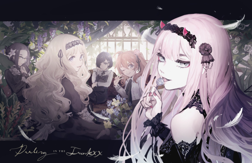 5girls bare_shoulders black_dress black_hair black_hairband black_ribbon blonde_hair blue_flower book brown_hair candy close-up closed_mouth copyright_name curly_hair darling_in_the_franxx day dress facing_viewer feathers flower food from_side fruit glasses grey_eyes hair_between_eyes hair_flower hair_ornament hair_ribbon hairband holding holding_book holding_candy holding_food holding_lollipop horns ichigo_(darling_in_the_franxx) ikuno_(darling_in_the_franxx) indoors k_(sktchblg) kokoro_(darling_in_the_franxx) light lips lollipop long_hair long_sleeves looking_at_viewer looking_back miku_(darling_in_the_franxx) multiple_girls nail_polish neck_ribbon neckwear_request one_eye_closed oni_horns open_mouth pink_hair pink_horns pink_nails plant puffy_long_sleeves puffy_sleeves ribbon short_hair sitting sleeveless smile strawberry twintails upper_body v white_flower window zero_two_(darling_in_the_franxx)