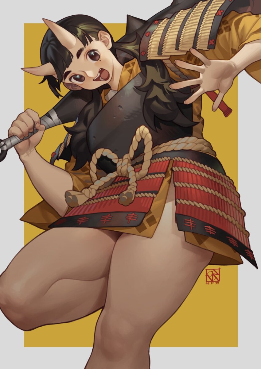 1girl :d armor black_hair blunt_bangs border breastplate brown_eyes chipped_tooth club club_(weapon) commentary dungeon_meshi epaulettes highres holding_club holding_weapon horns inutade japanese_armor japanese_clothes kanabou kimono kusazuri low_twintails mole mole_under_eye oni open_mouth poch4n sash short_kimono signature skin-covered_horns smile solo spiked_club thick_thighs thighs twintails waraji weapon white_border yellow_background yellow_kimono