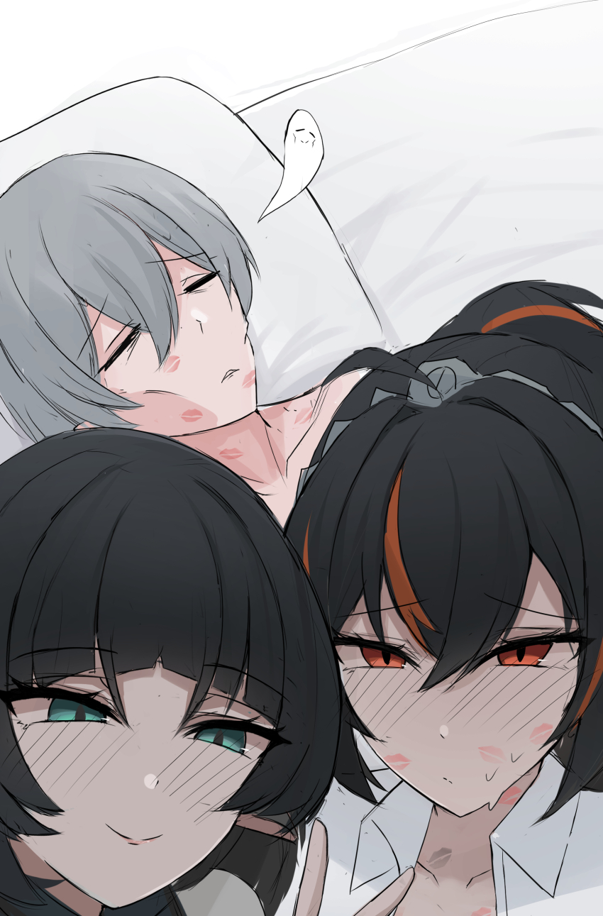 1boy 2girls absurdres bisexual_female blush cheekbones closed_mouth exhausted giving_up_the_ghost greyscale guy_tired_after_sex_(meme) highres implied_bisexual jane_doe_(zenless_zone_zero) lipstick_mark lipstick_mark_on_face looking_at_viewer meme metal_hairband monochrome multicolored_hair multiple_girls namikare on_bed ponytail selfie smile streaked_hair sunken_cheeks v wise_(zenless_zone_zero) zenless_zone_zero zhu_yuan