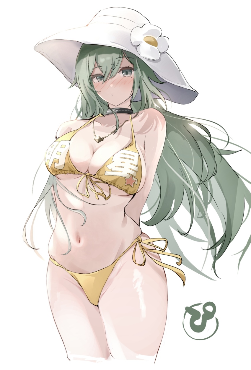 1girl arms_behind_back bikini black_choker blush breasts choker cleavage cowboy_shot green_eyes green_hair hat highres jewelry large_breasts long_hair looking_at_viewer mole mole_under_eye navel necklace pinjirooo star_(symbol) star_necklace string_bikini swimsuit venus_(zenless_zone_zero) white_hat yellow_bikini zenless_zone_zero