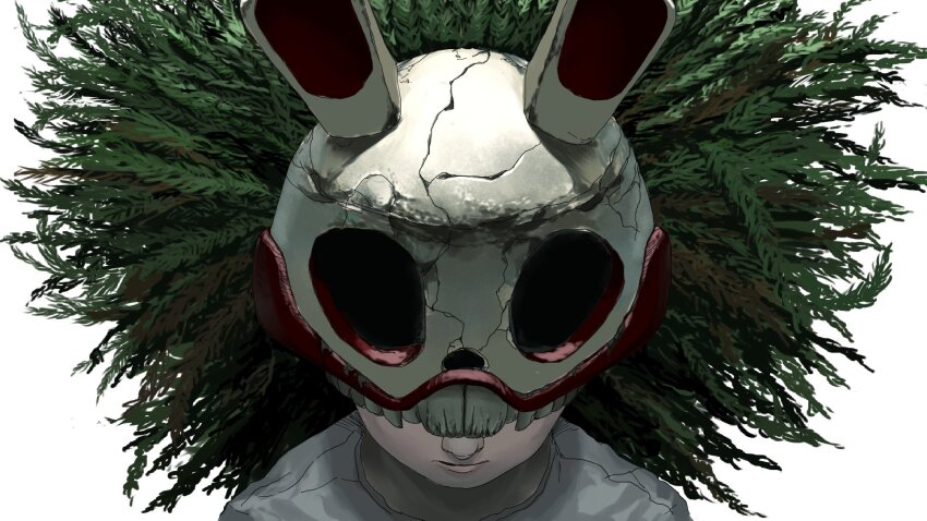 1girl afro animal_ear_headwear animal_ears big_hair closed_mouth crack expressionless fake_animal_ears fern green_hair hat highres lips original plant_hair rabbit_ears rabbit_helmet shirt simple_background skull-shaped_hat solo straight-on tomatomato_0413 upper_body white_background white_hat white_shirt