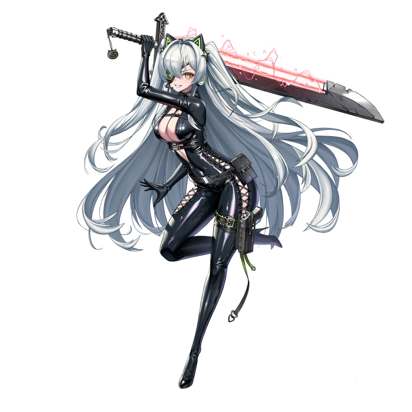 1girl 2v_(joyeong) animal_charm animal_ear_headphones animal_ears areola_slip artificial_eye belt belt_pouch black_belt black_bodysuit black_footwear bodysuit breasts broken broken_sword broken_weapon cat_ear_headphones catsuit charm_(object) chipped_sword cleavage clothing_cutout covered_erect_nipples covered_navel cyclops_princess_(last_origin) energy energy_sword eyepatch fake_animal_ears full-length_zipper full_body grey_hair grin gun hair_ornament headphones high_heels highres holding holding_sword holding_weapon holster holstered huge_weapon knee_up last_origin latex latex_bodysuit long_hair looking_at_viewer mechanical_eye medium_breasts multiple_belts no_bra official_alternate_costume official_art partially_unzipped pouch side_cutout skin_tight slit_pupils smile solo standing standing_on_one_leg star_(symbol) star_hair_ornament sword tachi-e thigh_belt thigh_holster thigh_strap transparent_background twintails two_side_up very_long_hair weapon yellow_eyes zipper