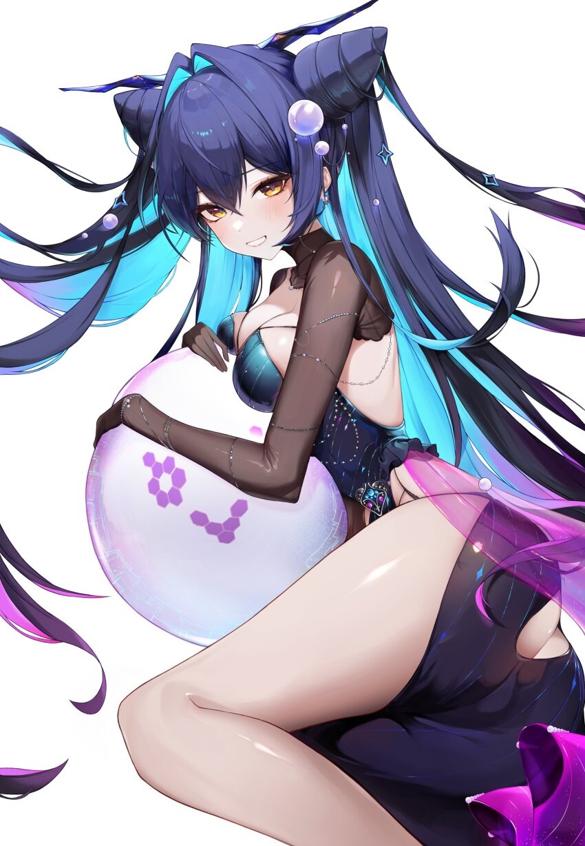 1girl absurdres aqua_hair blue_hair bubble colored_inner_hair goddess_of_victory:_nikke hair_intakes highres little_mermaid_(abyss_flower)_(nikke) little_mermaid_(nikke) multicolored_hair official_alternate_costume see-through_clothes simple_background smile solo sun_0205 white_background yellow_eyes