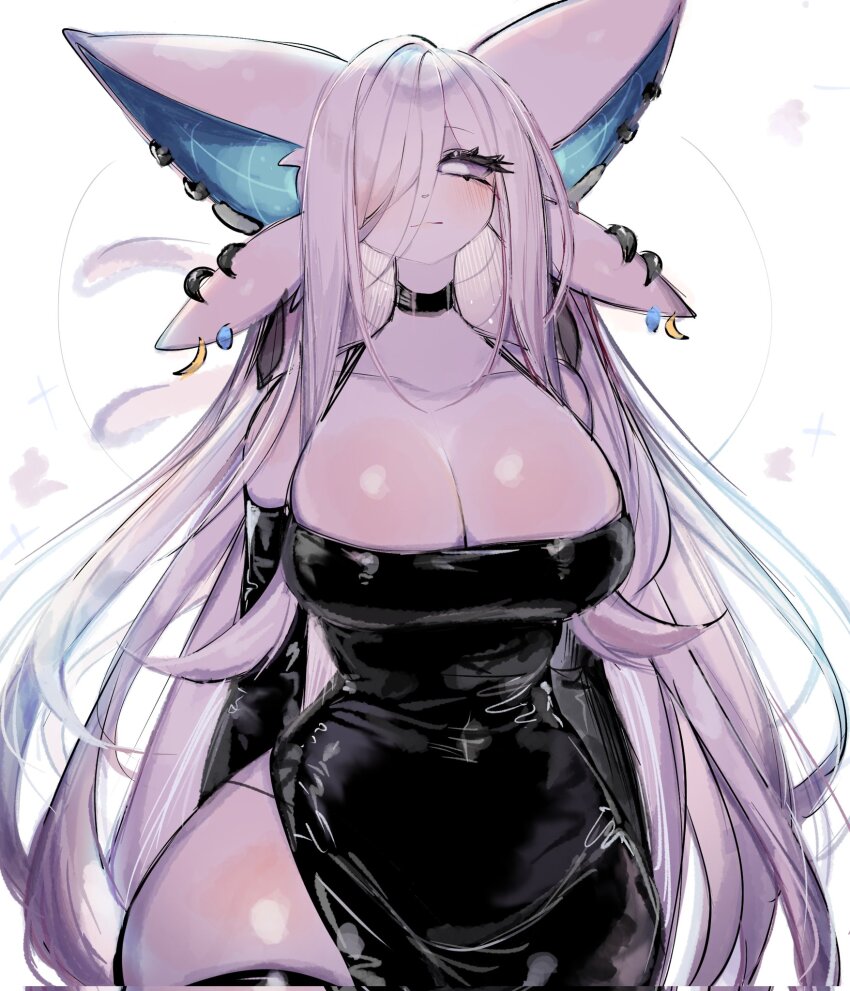 1girl animal_ears black_choker black_dress breasts choker cleavage clothed_pokemon colored_skin corrupted_twitter_file detached_sleeves dress ear_piercing espeon forked_tail furry furry_female gen_2_pokemon hair_over_one_eye highres huge_breasts large_ears long_hair looking_at_viewer nintendo one_eye_covered personification piercing pokemon pokemon_(creature) purple_eyes purple_fur purple_skin solo tail thick_thighs thighhighs thighs usa37107692 very_long_hair white_background