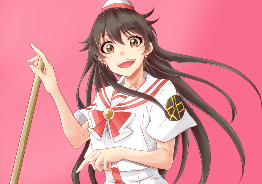 1girl :d akira_ferrari aria_(manga) blush bow bowtie brown_eyes brown_hair earrings eyelashes gradient_background hair_between_eyes hand_up hat highres himeya_company_uniform holding holding_oar jewelry long_hair looking_at_viewer mono9ron oar open_mouth pink_background red_bow red_bowtie red_hat sailor_collar short_sleeves smile solo teeth two-tone_headwear upper_body upper_teeth_only very_long_hair white_hat