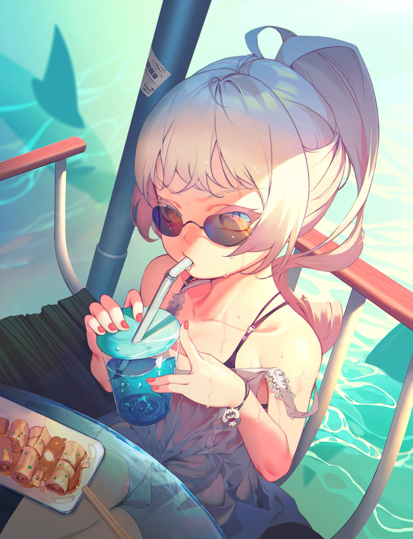 1girl bikini bikini_top_only blue_eyes bracelet chopsticks cup dress drinking_straw female_focus food from_above highres jewelry long_hair looking_at_viewer nail_polish pink_nails ponytail rimless_eyewear rwby scar scar_across_eye scar_on_face sitting solo strap_slip sundress sunglasses swimsuit tinted_eyewear wangxiii weiss_schnee wet wet_clothes white_dress white_hair