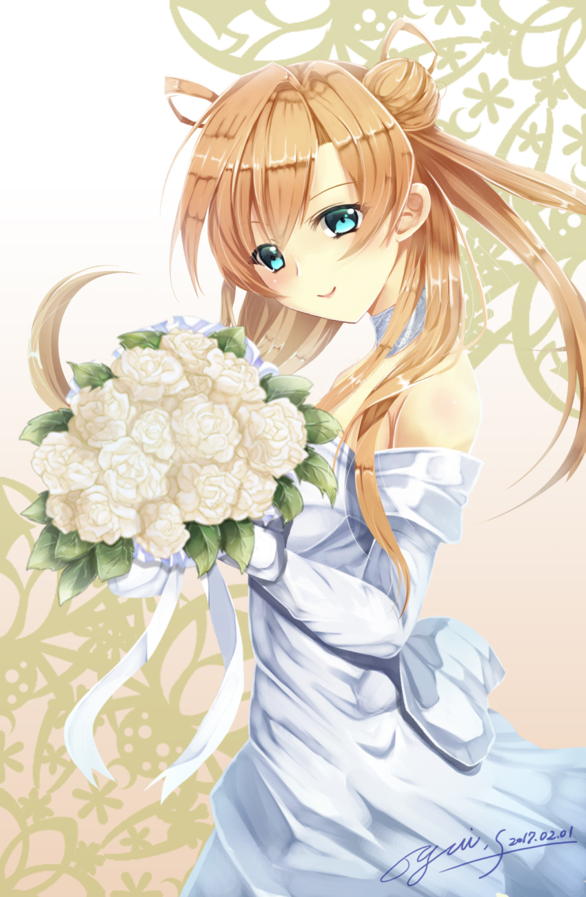 10s 1girl 2017 abukuma_(kancolle) artist_name bare_shoulders blue_eyes bouquet dress female_focus flower highres kantai_collection light_brown_hair long_hair looking_at_viewer signature smile solo wedding_dress white_dress white_flower yuitsuki1206