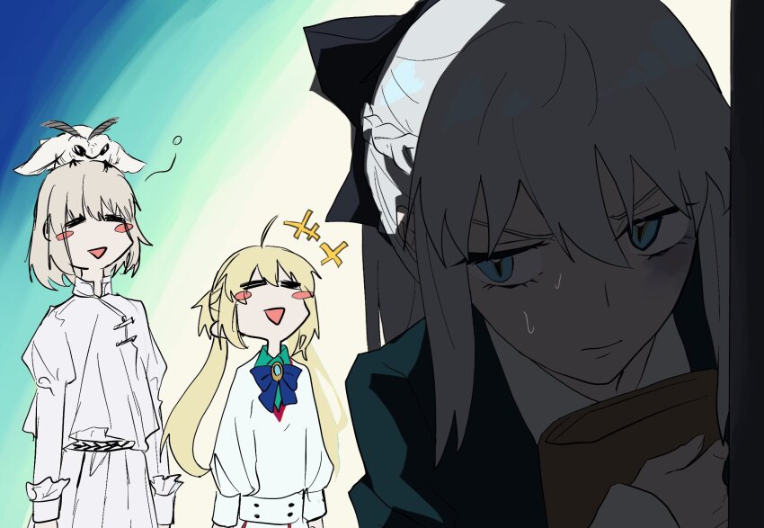 1boy 2girls ahoge artoria_caster_(fate) artoria_pendragon_(fate) blanca_(fate) blonde_hair blue_eyes blush braid bruise bruise_on_face bruised_eye bug collared_shirt fate/grand_order fate_(series) fuyotan grey_hair gundam gundam_gquuuuuux hair_ribbon highres injury insect long_hair long_sleeves morgan_le_fay_(fate) moth multiple_girls neck_ribbon oberon_(fate) oberon_(second_ascension)_(fate) open_mouth parody ponytail ribbon scene_reference shirt short_hair smile sweatdrop sweater twintails