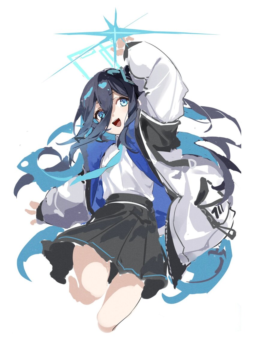 1girl :d aris_(blue_archive) arm_up black_hair black_skirt blue_archive blue_eyes blue_hair blue_halo blue_light blue_necktie collared_shirt colored_inner_hair cropped_legs hair_between_eyes halo hashtag-only_commentary highres jacket jumping kirschma long_hair long_hair_between_eyes long_sidelocks long_sleeves looking_at_viewer multicolored_hair necktie no_lineart open_clothes open_jacket open_mouth pleated_skirt puffy_sleeves rectangular_halo school_uniform shirt sidelocks simple_background skirt smile solo very_long_hair white_background white_jacket white_shirt