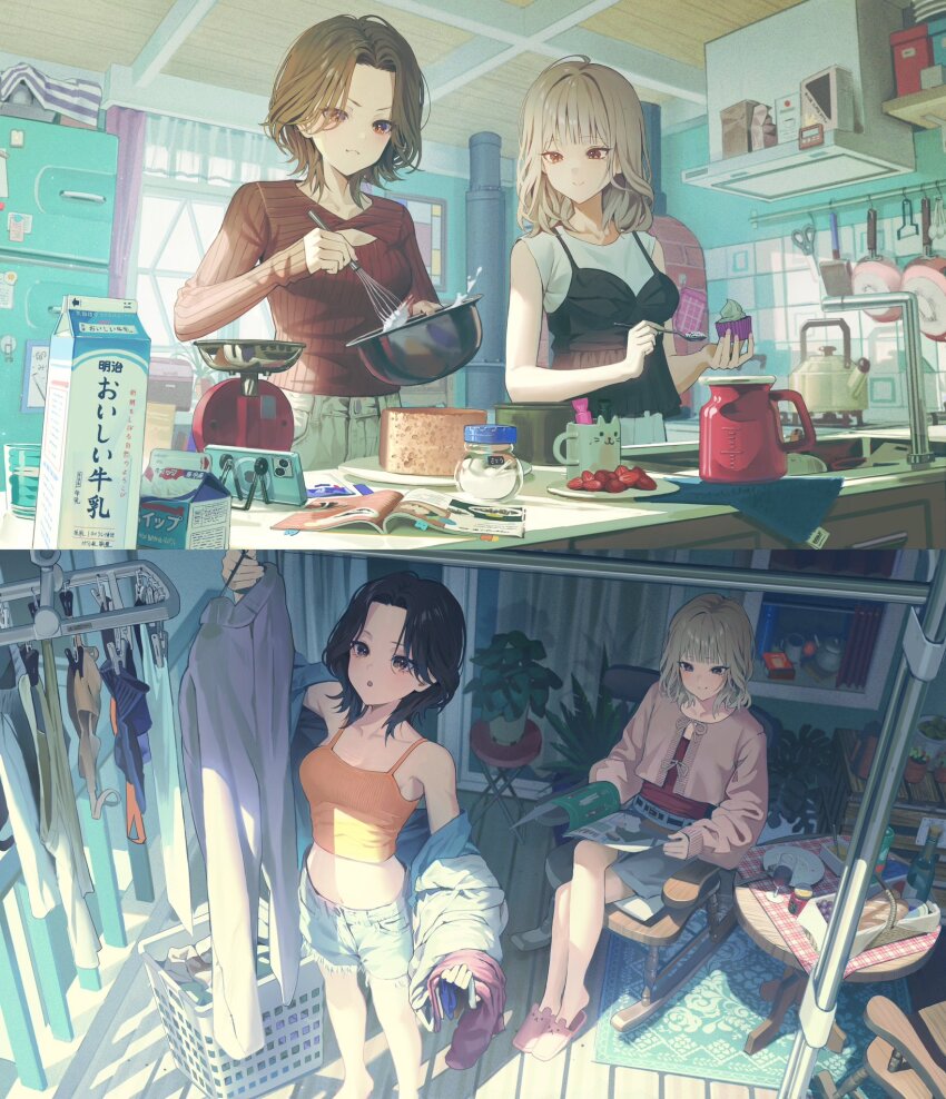 2girls ahoge bare_shoulders berry black_dress black_hair blonde_hair bottle bread breasts brown_eyes brown_hair brown_sweater cabinet cardigan ceiling cellphone champagne_flute closed_mouth clothes_hanger commentary cooking counter crop_top crossed_legs cup curtains cutoffs denim denim_shorts dress drinking_glass english_commentary food from_above fruit highres indoors kettle kitchen laundry laundry_basket magazine_(object) measuring_cup medium_breasts medium_hair midori_matsukaze midriff mixing mixing_bowl multiple_girls open_magazine orange_tank_top original pants parted_bangs phone pink_cardigan plant plate red_shirt refrigerator scissors shelf shirt short_hair shorts sink sitting slippers smartphone smile split_screen stove strawberry sweater sweater_tucked_in table tank_top teapot thermos towel translation_request undershirt unworn_clothes unworn_shirt whisk white_undershirt window wooden_chair wooden_floor wooden_table