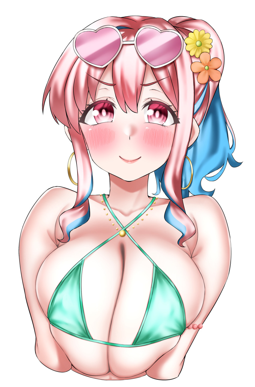 1girl absurdres arms_at_sides bikini blue_hair blush breasts cleavage closed_mouth collarbone dot_nose earrings eyebrows eyelashes female_focus green_bikini highres hozuki_kaede jewelry large_breasts lips long_hair looking_at_viewer matching_hair/eyes multicolored_hair necklace official_alternate_costume onii-chan_wa_oshimai! pink_eyes pink_hair pipienpippi ponytail sidelocks simple_background smile solo sunglasses swimsuit two-tone_hair upper_body white-framed_eyewear white_background