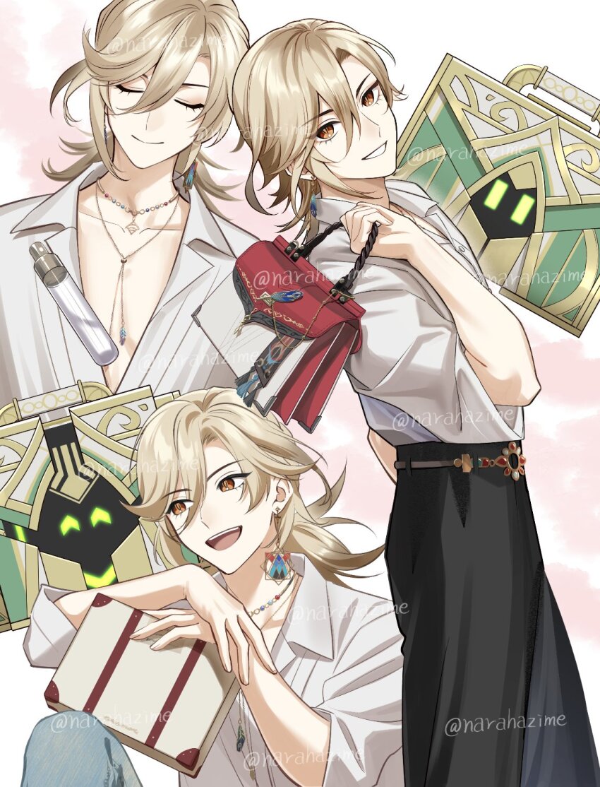 1boy black_pants blonde_hair closed_eyes closed_mouth earrings feather_hair_ornament feathers genshin_impact hair_between_eyes hair_ornament highres jewelry kaveh_(genshin_impact) long_sleeves male_focus mehrak_(genshin_impact) narahazime necklace open_mouth pants red_eyes shirt smile white_shirt