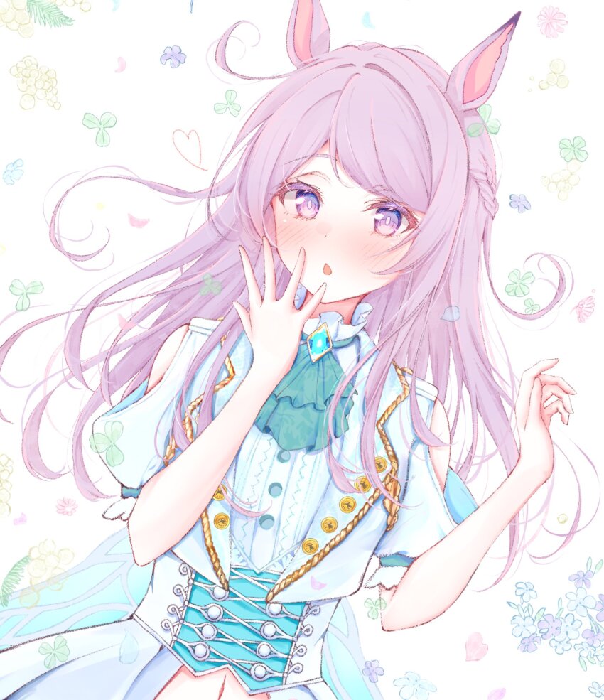 1girl animal_ears blush buttons chest_jewel dress gold_trim heart highres horse_ears horse_girl horse_tail joker_oowo light_purple_hair long_hair mejiro_mcqueen_(end_of_sky)_(umamusume) mejiro_mcqueen_(umamusume) navel open_mouth purple_eyes short_sleeves solo tail umamusume upper_body white_dress