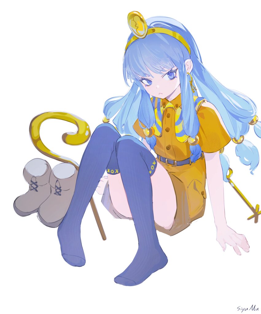 1girl ankle_boots belt black_belt black_thighhighs blue_eyes blue_hair boots brown_boots brown_shirt brown_shorts commentary_request earrings fossilized_wonders full_body gold_buckle gold_hairband gold_headdress gold_headwear hairband highres holding holding_scepter jewelry key_earrings long_hair michigami_nareko scepter shirt shoes short_sleeves shorts simple_background sitting siyumu solo thighhighs touhou unworn_shoes white_background