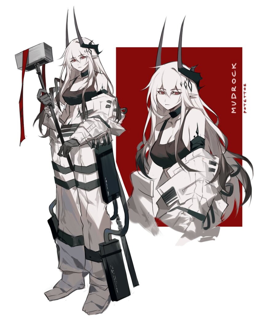 1girl arknights artist_name black_choker black_gloves black_sports_bra breasts choker commentary cropped_torso english_commentary full_body glaring gloves hair_ornament hammer highres holding holding_hammer horns jumpsuit large_breasts long_hair looking_at_viewer material_growth mudrock_(arknights) mudrock_(elite_ii)_(arknights) multiple_views oripathy_lesion_(arknights) potettoe red_background red_eyes sports_bra two-tone_background white_background white_hair white_jumpsuit