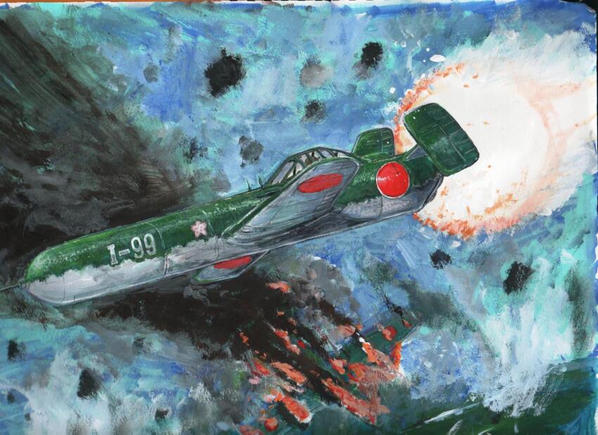 aircraft airplane anago-san battle bomber burning damaged explosion fire flying g4m highres imperial_japanese_navy japan military military_vehicle mxy-7_ohka no_humans ocean painting_(medium) realistic rocket scan smoke the_cockpit the_cockpit:_sonic_boom_squadron traditional_media water