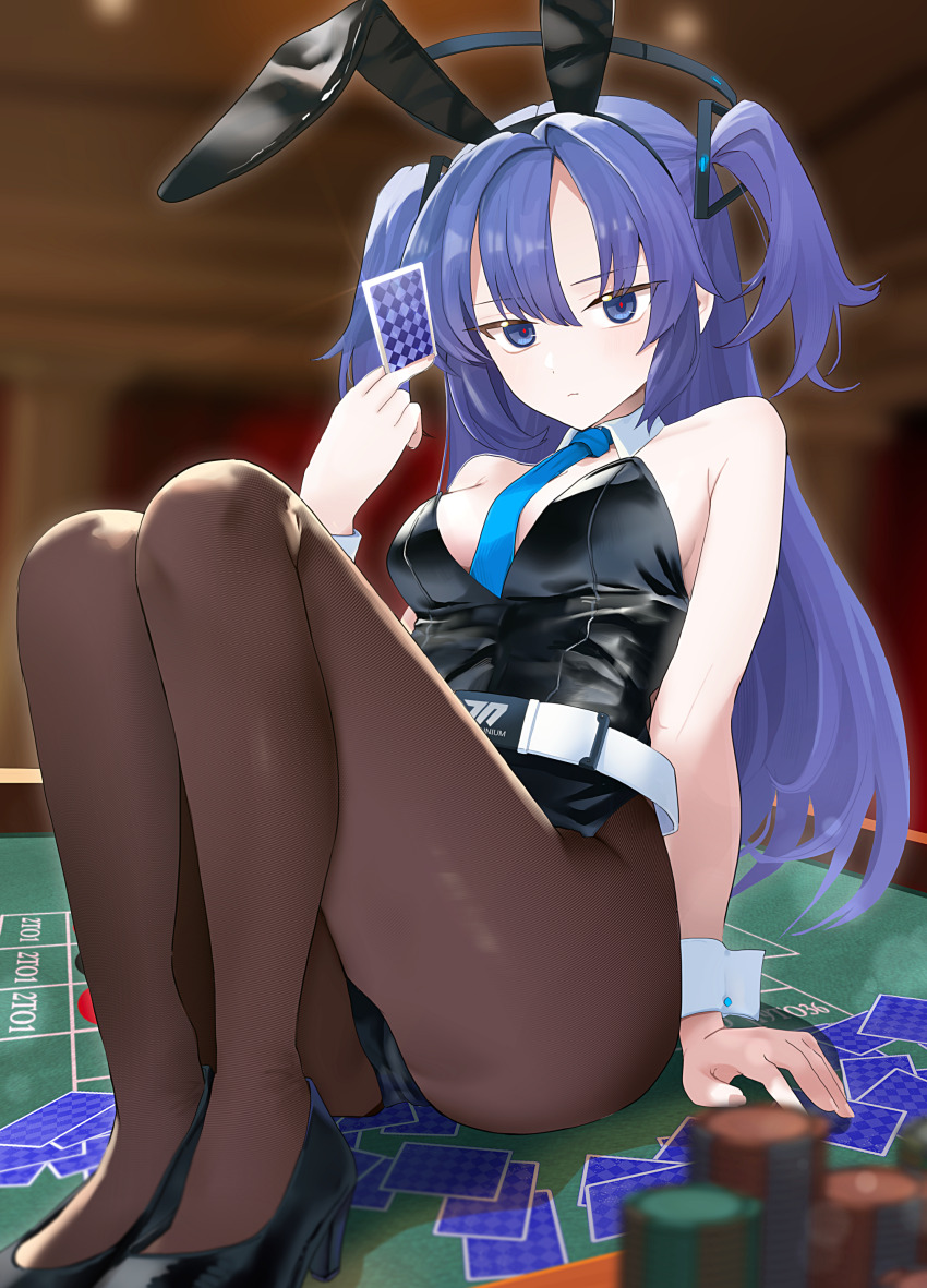 1girl absurdres alternate_costume animal_ears arm_at_side bare_shoulders belt black_halo black_leotard blue_archive blue_eyes blue_necktie blurry blurry_background blush breasts brown_pantyhose card casino casino_card_table closed_mouth commentary curvy depth_of_field detached_collar fake_animal_ears fine_fabric_emphasis frown full_body hair_between_eyes hair_intakes hair_ornament halo hand_up high_heels highres holding holding_card indoors knees_up leotard long_hair mechanical_halo medium_breasts millennium_science_school_logo necktie on_table pantyhose playboy_bunny purple_hair rabbit_ears red_pupils sitting sitting_on_table solo straight_hair strapless strapless_leotard table thighs triangle_hair_ornament two_side_up wakamomo1000 white_belt white_wrist_cuffs wrist_cuffs yuuka_(blue_archive)