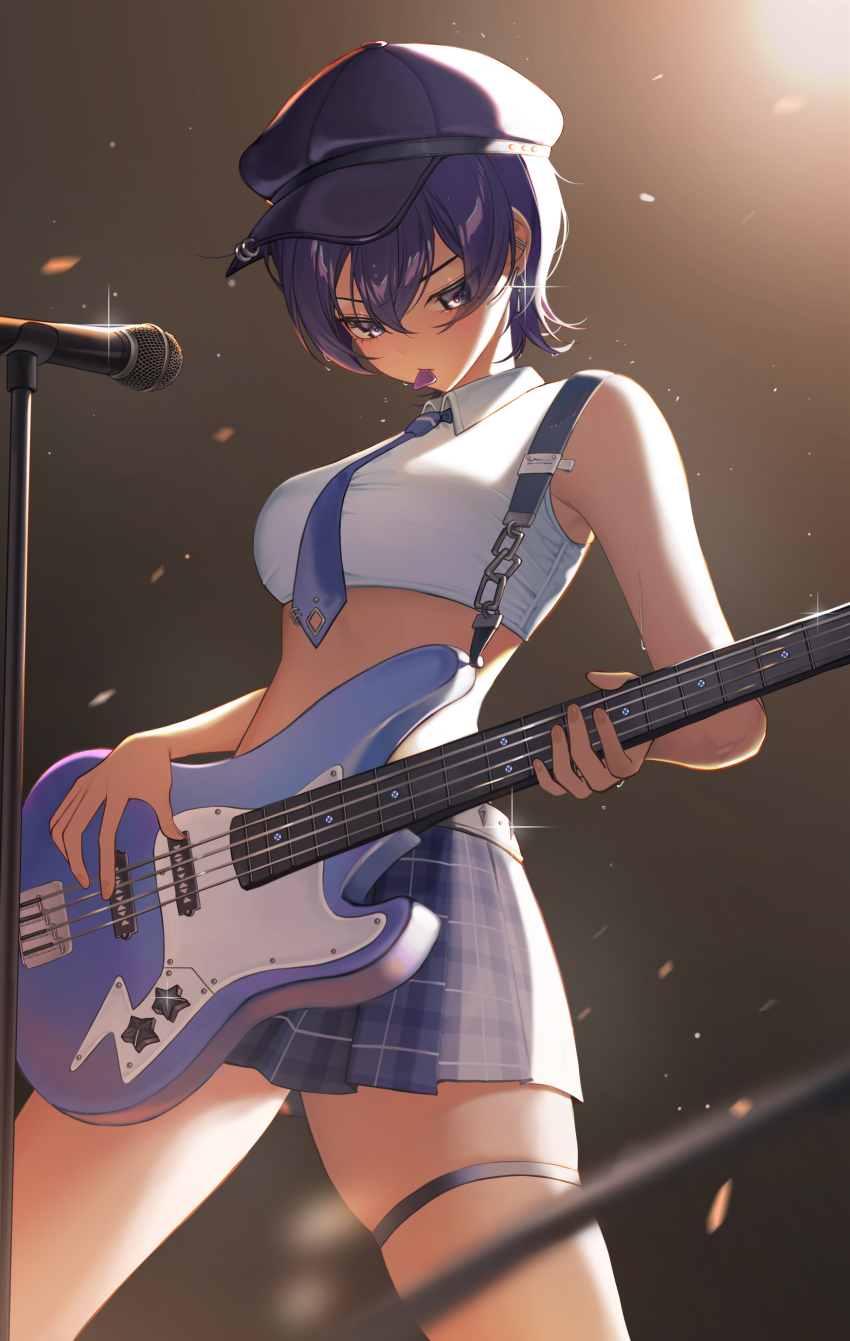 1girl absurdres bass_guitar blue_necktie blue_skirt breasts fender_jazz_bass gani1127 hat highres instrument medium_breasts microphone microphone_stand midriff necktie original purple_eyes purple_hair short_hair skirt solo star_(symbol)
