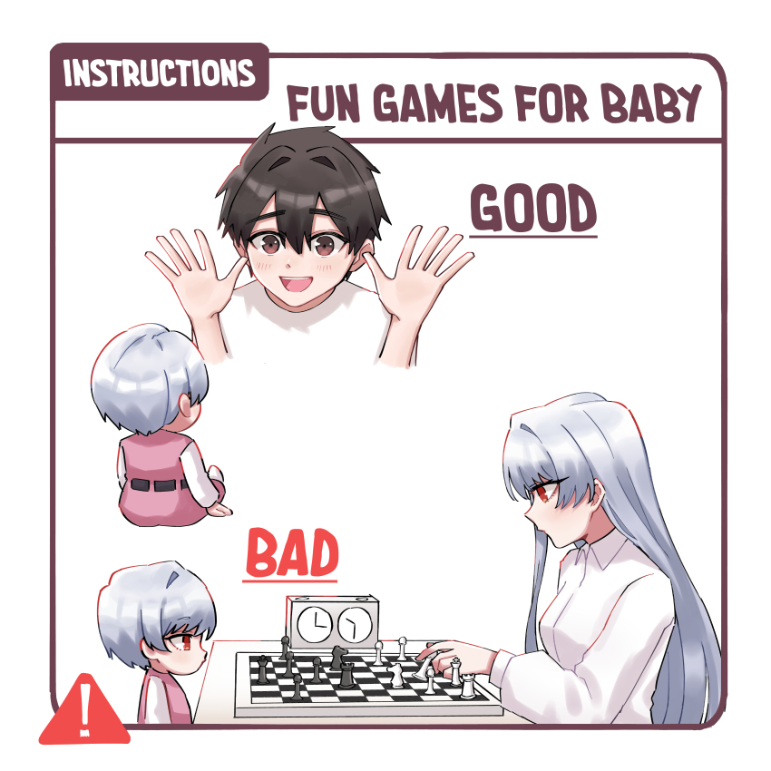 ! 1boy 2girls :d absurdres aged_up aijou_rentarou black_hair board_game brown_eyes chess chess_clock chess_piece chessboard commentary eiai_nano english_commentary english_text expressionless father_and_daughter grey_hair hair_between_eyes highres if_they_mated jjum_pp kimi_no_koto_ga_dai_dai_dai_dai_daisuki_na_100-nin_no_kanojo long_hair long_sleeves mother_and_daughter multiple_girls multiple_views open_mouth peekaboo red_eyes shirt short_hair simple_background smile white_background white_shirt wing_collar
