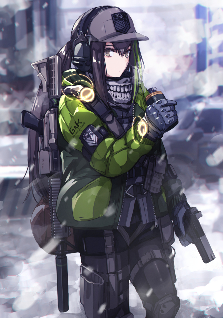 1girl abandoned alternate_costume armband assault_rifle backpack bag baseball_cap belt_pouch black_hair black_pantyhose black_shorts brown_eyes building bulletproof_vest car closed_mouth commentary emblem english_commentary english_text explosive eyebrows from_side girls&#039;_frontline glock glock_40 gloves green_hair green_jacket grenade griffin_&amp;_kryuger_logo grifon_&amp;_kryuger gun handgun hat headphones highres holding holding_grenade holding_gun holding_weapon holster holstered jacket knee_guards knee_pads looking_at_viewer m4_carbine m4a1_(girls&#039;_frontline) mishima_hiroji motor_vehicle multicolored_hair optical_sight outdoors pantyhose pouch radio rifle roadblock scarf short_shorts shorts sidelocks sight snow snowing solo standing strap suppressor tactical_clothes thigh_holster thigh_pouch tom_clancy&#039;s_the_division vest_pouch watch weapon weapon_on_back wristwatch