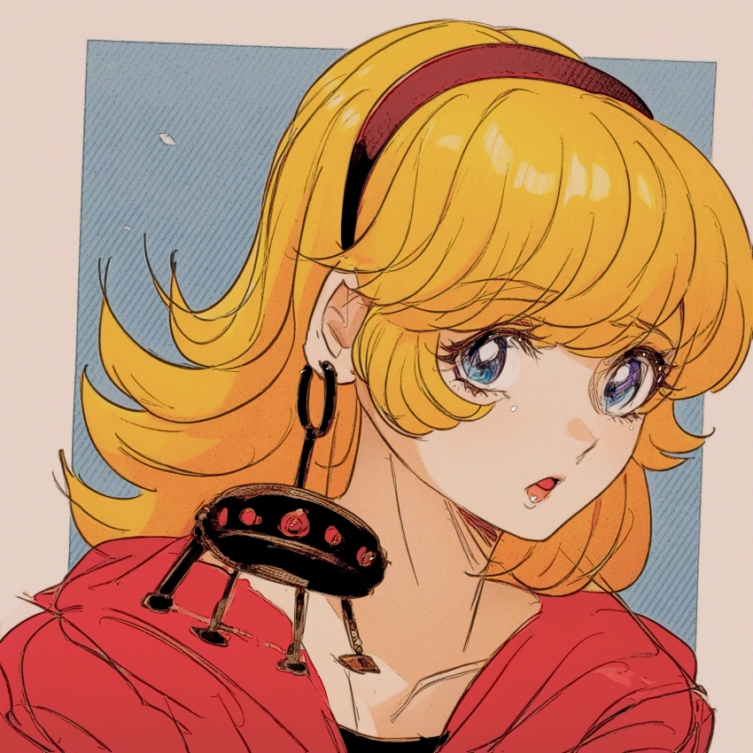 0011_(cyborg_009) 1girl black_shirt blonde_hair blue_eyes bug cyborg_009 earrings francoise_arnoul hair_between_eyes hairband highres hood hoodie jewelry long_hair looking_at_viewer open_mouth red_hairband red_hoodie red_lips sariokisu shirt spider straight_hair upper_body