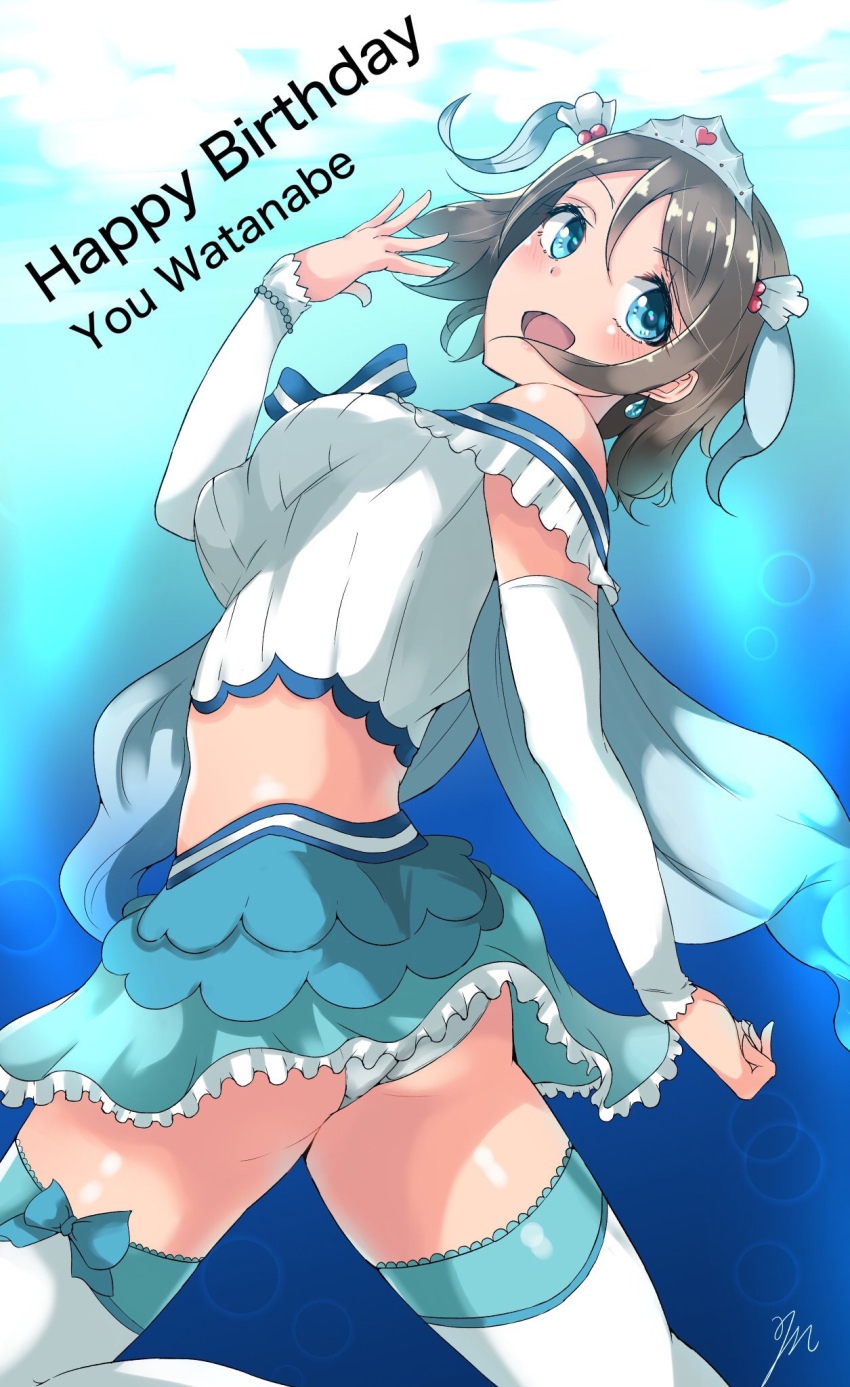 1girl ass blush breasts brown_hair bubble highres koi_ni_naritai_aquarium love_live! love_live!_sunshine!! medium_breasts mi midriff misonikomi panties pantyshot smile solo thighhighs thighs tiara underwater underwear watanabe_you water