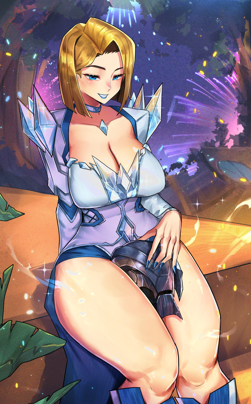 absurdres blonde_hair blue_eyes blue_lips breasts crystal diamond_(shape) dress emma_frost fireworks highres kitsunoko large_breasts marvel marvel_cinematic_universe marvel_rivals thick_thighs thighs ultron white_dress wide_hips x-men