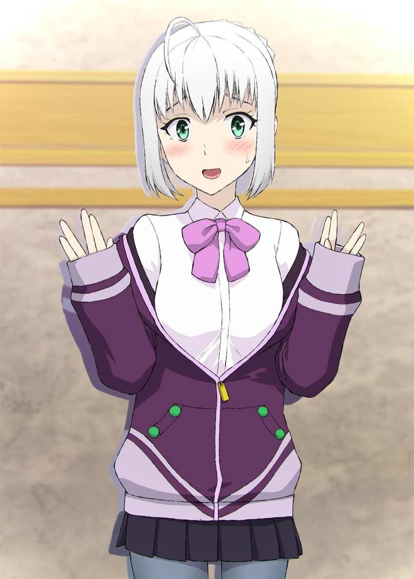 1girl ahoge blush bow cosplay fate_(series) female_focus gray_(fate) grey_hair gridman_universe highres long_sleeves lord_el-melloi_ii_case_files off-shoulder_jacket off_shoulder pantyhose pleated_skirt shinjou_akane shinjou_akane_(cosplay) skirt sleeves_past_wrists solo ssss.gridman ueda_reina ueyama_michirou voice_actor_connection