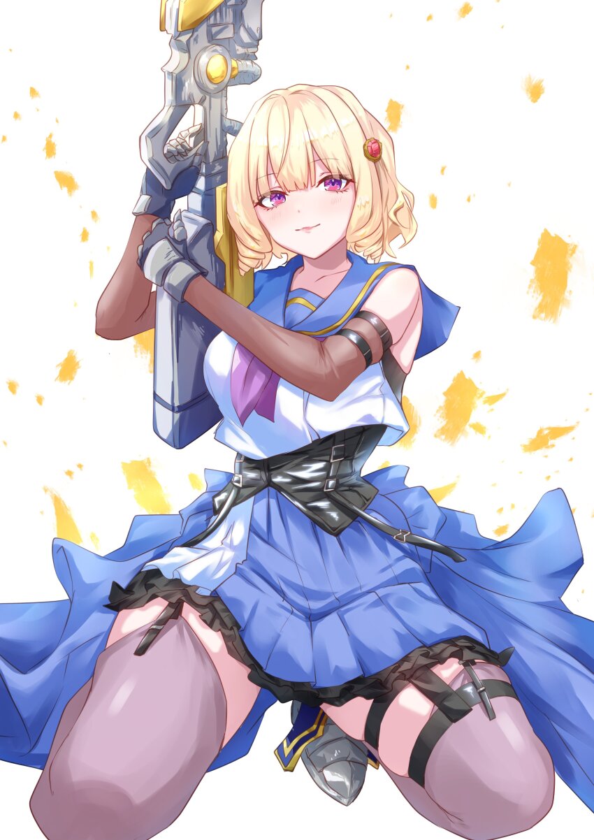 1girl absurdres arm_belt arm_up armored_boots assault_lily bare_shoulders belt belt_buckle black_belt blonde_hair blue_sailor_collar blue_skirt blush boots breasts brown_thighhighs buckle closed_mouth commentary_request corset crop_top detached_sleeves drill_hair drill_sidelocks frilled_skirt frills garter_straps gauntlets gem gem_hair_ornament grey_boots gun hair_ornament hand_up highres holding holding_gun holding_weapon houji_tea_latte imamura_yukari_(assault_lily) kneeling knees_out_of_frame light_smile long_sleeves looking_at_viewer medium_breasts miniskirt neckerchief odaiba_girls_high_school_uniform pleated_skirt purple_eyes purple_neckerchief red_gemstone sailor_collar school_uniform serafuku shirt short_hair sidelocks skirt sleeveless sleeveless_shirt solo thigh_strap thighhighs waist_cape weapon white_background white_shirt