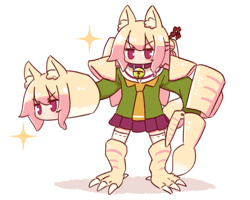 1girl animal_ear_fluff animal_ears beast_wars beast_wars:_transformers bell blonde_hair brown_collar brown_necktie collar cosplay fox_ears fox_girl fox_tail full_body green_shirt hair_ornament highres jingle_bell kemomimi-chan_(naga_u) long_sleeves looking_at_viewer megatron megatron_(beast_wars) megatron_(cosplay) naga_u neck_bell necktie original parody pleated_skirt purple_skirt red_eyes ribbon-trimmed_legwear ribbon_trim sailor_collar shadow shirt simple_background skirt solo sparkle standing tail thighhighs transformers v-shaped_eyebrows white_background white_sailor_collar white_thighhighs