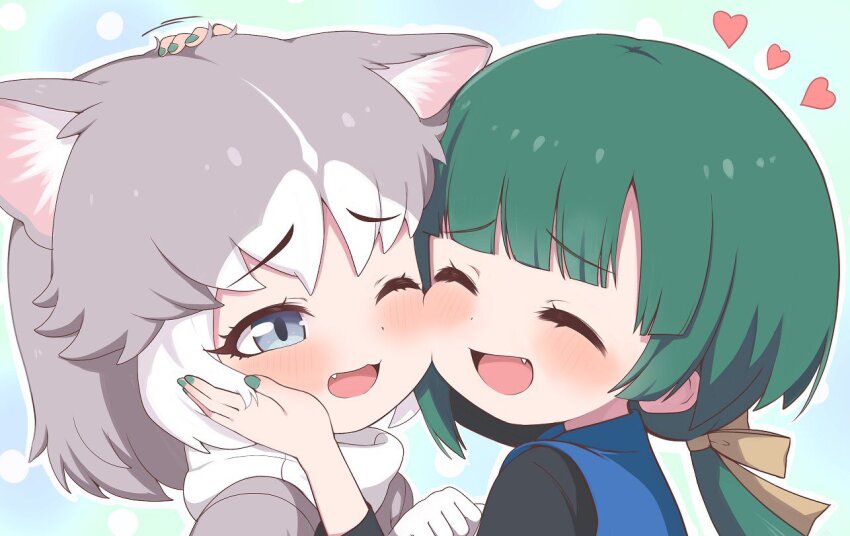 affectionate animal_ears blue_eyes blush cheek-to-cheek cheek_press closed_eyes cuddling dog_(mixed_breed)_(kemono_friends) dog_ears dog_girl gloves green_hair grey_hair happy heads_together kemono_friends kemono_friends_2 kemono_friends_r long_hair multicolored_hair nuzzle open_mouth ponytail ransusan shirt short_hair smile tomoe_(kemono_friends)_(niconico88059799) two-tone_hair yuri