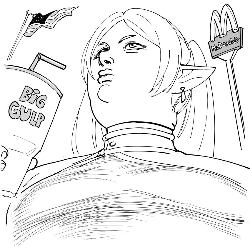 1girl absurdres american_flag bb_(baalbuddy) big_gulp cup earrings elf frieren from_below high_collar highres holding holding_cup jewelry long_hair mcdonald&#039;s meme monochrome pointy_ears solo sousou_no_frieren upward_angle_frieren_drawing_(meme)