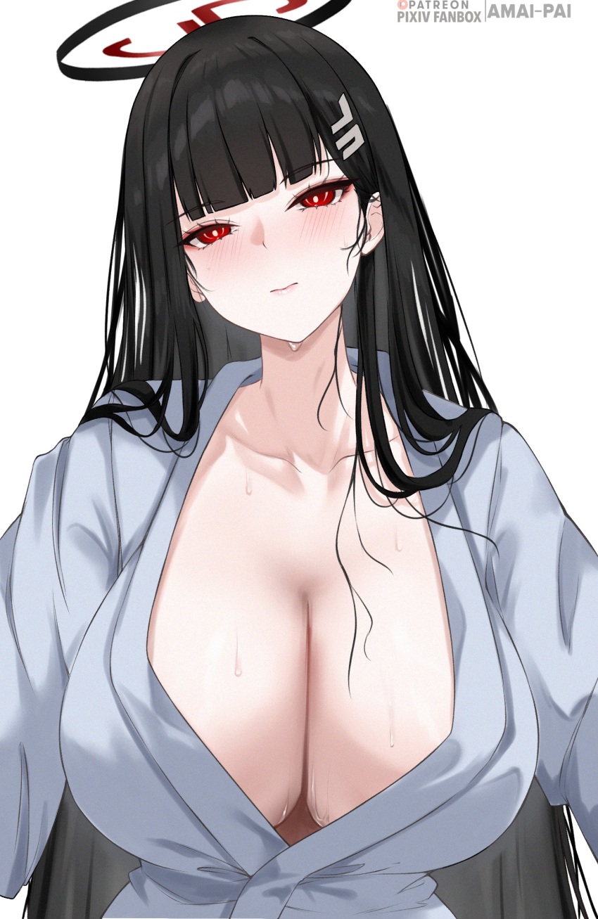1girl absurdres amai-pai artist_name black_hair blue_archive blush breasts cleavage closed_mouth collarbone grey_kimono hair_ornament hairpin halo highres japanese_clothes kimono large_breasts long_hair looking_at_viewer red_eyes rio_(blue_archive) simple_background solo upper_body white_background