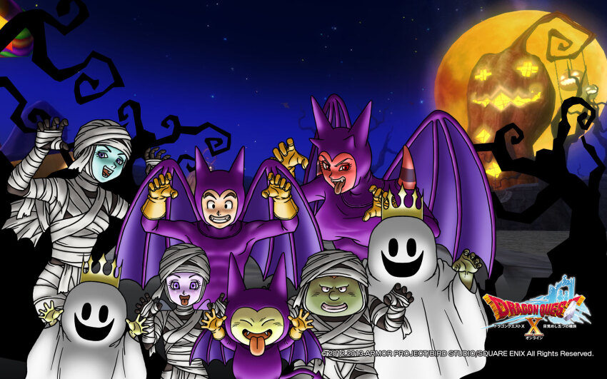 2others 3boys 3girls artist_request bat_wings blue_skin bodysuit claw_pose colored_skin copyright_logo copyright_name cosplay covered_abs crown demon_tail dragon_quest dragon_quest_x dwarf_(dq10) elf_(dq10) fake_horns fake_tail fake_wings fangs full_moon ghost_costume gloves green_skin grin halloween hero_(dq10) heroine_(dq10) highres horns imp_(dragon_quest) imp_(dragon_quest)_(cosplay) jack-o&#039;-lantern looking_at_viewer moon multiple_boys multiple_girls multiple_others mummy_costume night night_sky official_art official_wallpaper ogre_(dq10) puklipo purple_bodysuit purple_eyes purple_horns red_eyes red_skin sheet_ghost shoulder_spikes sky smile spikes tail third-party_source toned toned_male tongue tongue_out weddie_(dq10) wings yellow_gloves yellow_skin