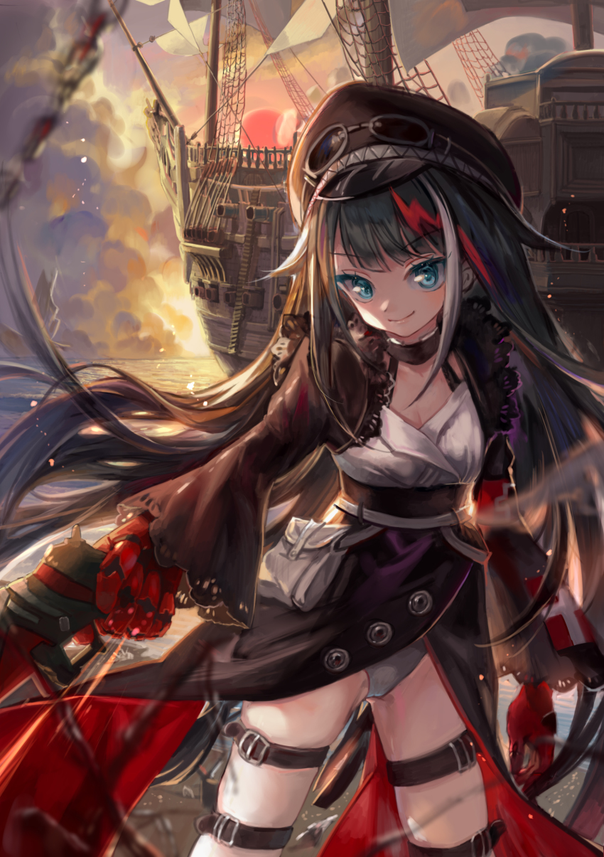 1girl absurdres armband azur_lane bad_id bad_pixiv_id belt black_hair black_hat blue_eyes breasts chain cleavage cloud cropped_jacket cross deutschland_(azur_lane) gloves goggles goggles_on_headwear gun hair_flaps hat head_tilt highres holding holding_gun holding_weapon iron_cross lace_trim long_hair long_sleeves looking_at_viewer maccha_(mochancc) mast military_vehicle multicolored_hair ocean panties pantyshot peaked_cap pouch red_hair sail ship ship_of_the_line sidelocks silver_hair skindentation smile standing streaked_hair sunrise thigh_strap thighs underwear very_long_hair warship water watercraft weapon