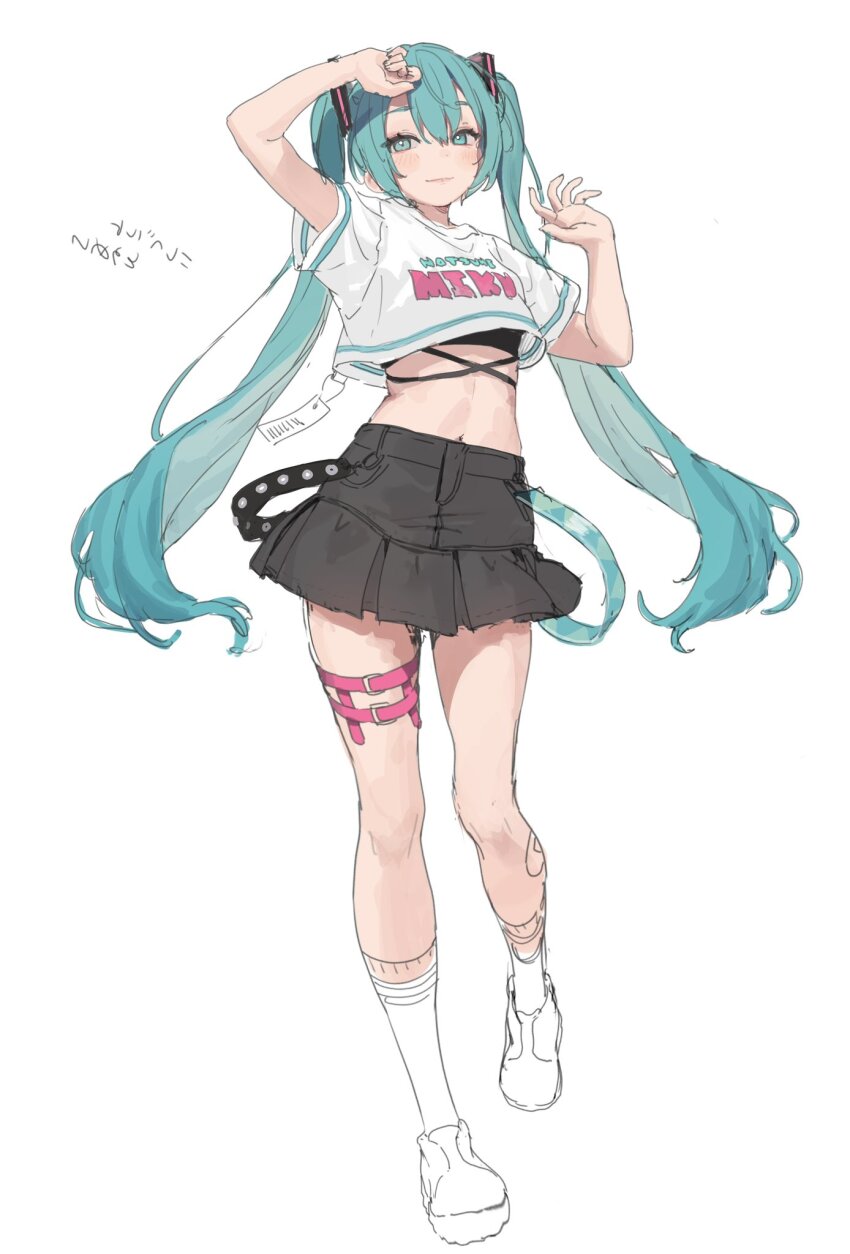 1girl arms_up full_body green_hair hamunezuko_(nezukonezu32) hatsune_miku highres midriff narrow_waist pleated_skirt simple_background skirt solo standing thigh_gap thigh_strap twintails vocaloid white_background white_footwear