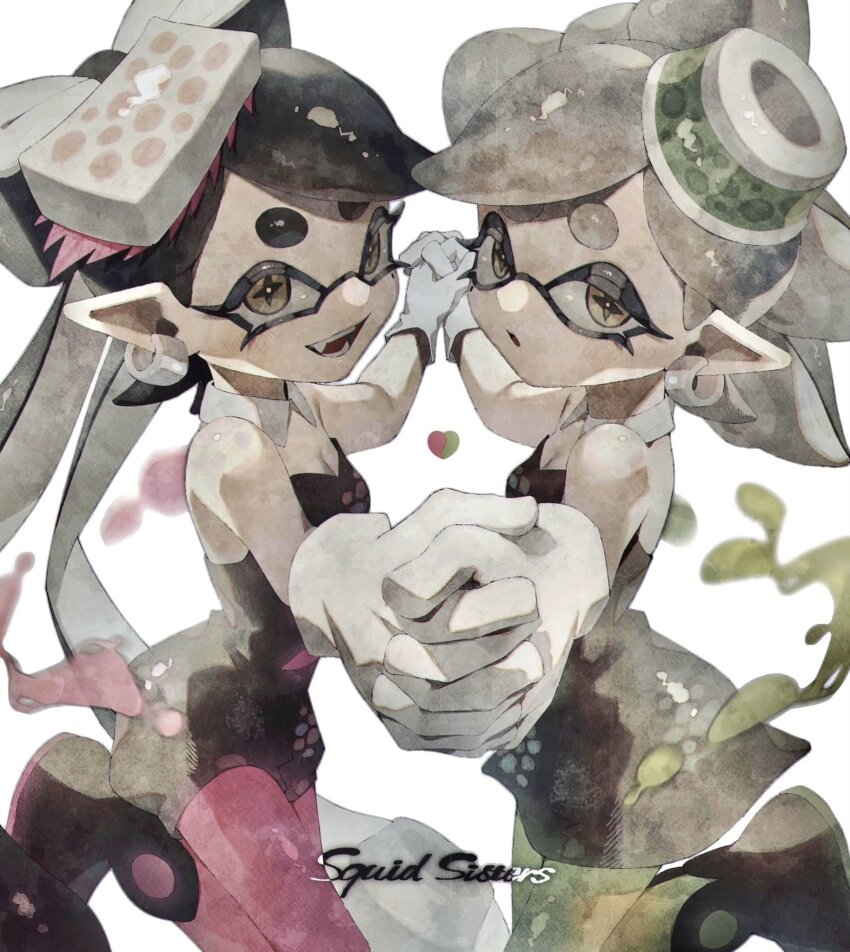 2girls ankle_boots bare_shoulders black_dress black_footwear black_hair black_jumpsuit boots bow-shaped_hair breasts callie_(splatoon) callie_(squid_sisters_outfit)_(splatoon) cleavage collar commentary_request cousins cross-shaped_pupils detached_collar dress earrings fangs gloves grey_hair group_name highres holding_hands hoop_earrings inkling jewelry jumpsuit kaji_(oni_atat) light_blush long_hair looking_at_viewer marie_(splatoon) marie_(squid_sisters_outfit)_(splatoon) mole mole_under_eye multiple_girls nintendo open_mouth pantyhose pink_pantyhose pointy_ears short_dress short_hair short_jumpsuit simple_background small_breasts splatoon_(series) splatoon_1 standing standing_on_one_leg strapless strapless_dress swept_bangs symbol-shaped_pupils tentacle_hair thick_eyebrows twintails white_background white_collar white_gloves yellow_eyes